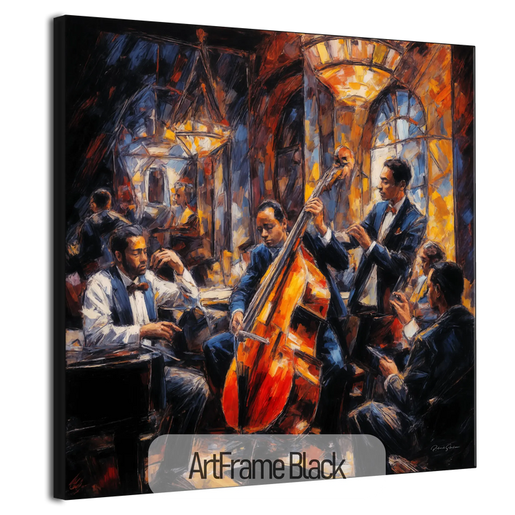 Jazzkvartett | Expressiv abstraktion av livlig jazzscen på konsttyg