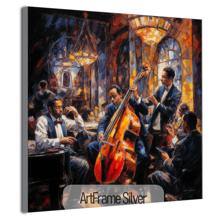 Jazzkvartett | Expressiv abstraktion av livlig jazzscen på konsttyg