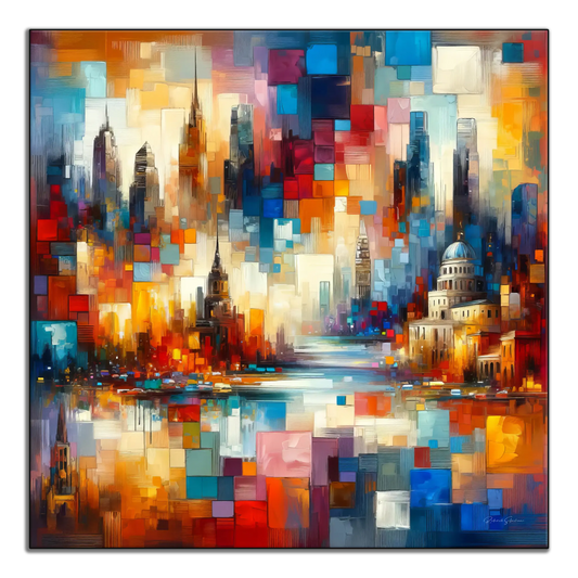 Viaje alrededor del mundo | Mosaico urbano colorido en tela de arte y marco