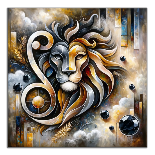 Signo del zodíaco Leo con piedra de nacimiento de ónix en marco de arte moderno