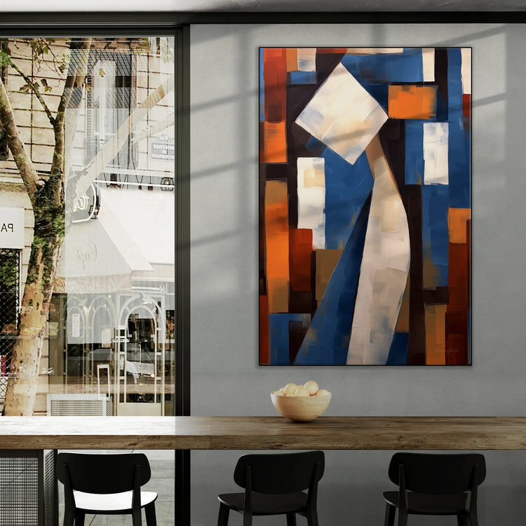 Abstract Collection | Cerulean Introspection | Contemporary Abstract Atmosphere in Art Print by Roderick Sebastiaan | BeautifulAbstractedPaintinginCityCafeWithWindowViews_45ab4e51-61e8-4762-a0af-45506fc9ffc7