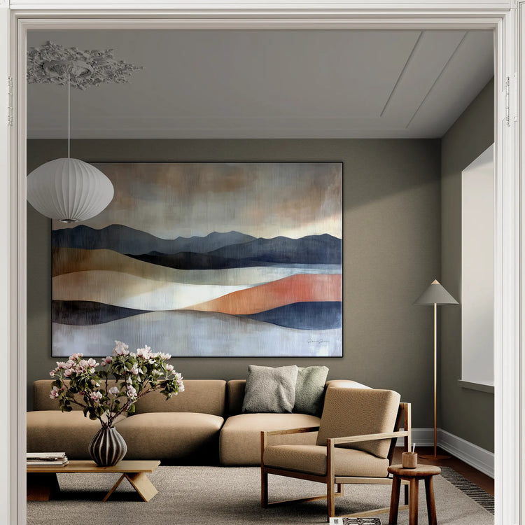 Abstract Collection | Shifting Sands | Serene Landscape in Muted Earth Tones and Blue Hues by Roderick Sebastiaan | BeautifulAbstractedPaintinginClassicLivingRoomWithALargeSofa_88343854-aa0b-49fd-bee1-5b481bfb44b3