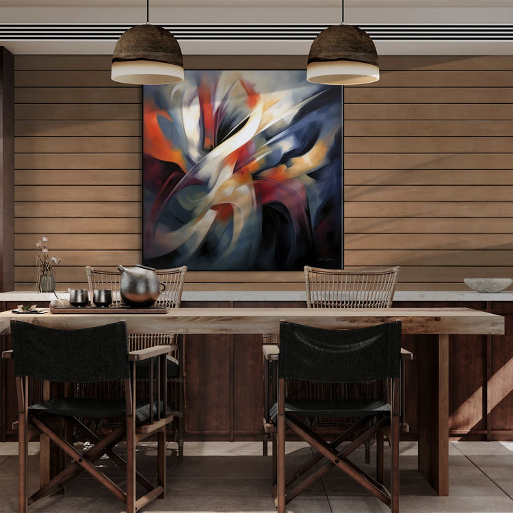 Abstract Collection | Colours of Passion | Passionate Warm Abstraction on Art cloth by Roderick Sebastiaan | BeautifulAbstractedPaintinginDiningAreaWithSolidWoodTable_2e1cb299-9181-4d47-9577-beafb075092f