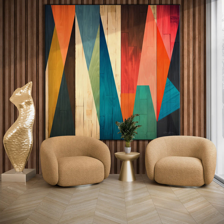 Contrastes Forestiers N°1 | Motif Géométrique Coloré en Bois sur Tissu Artistique