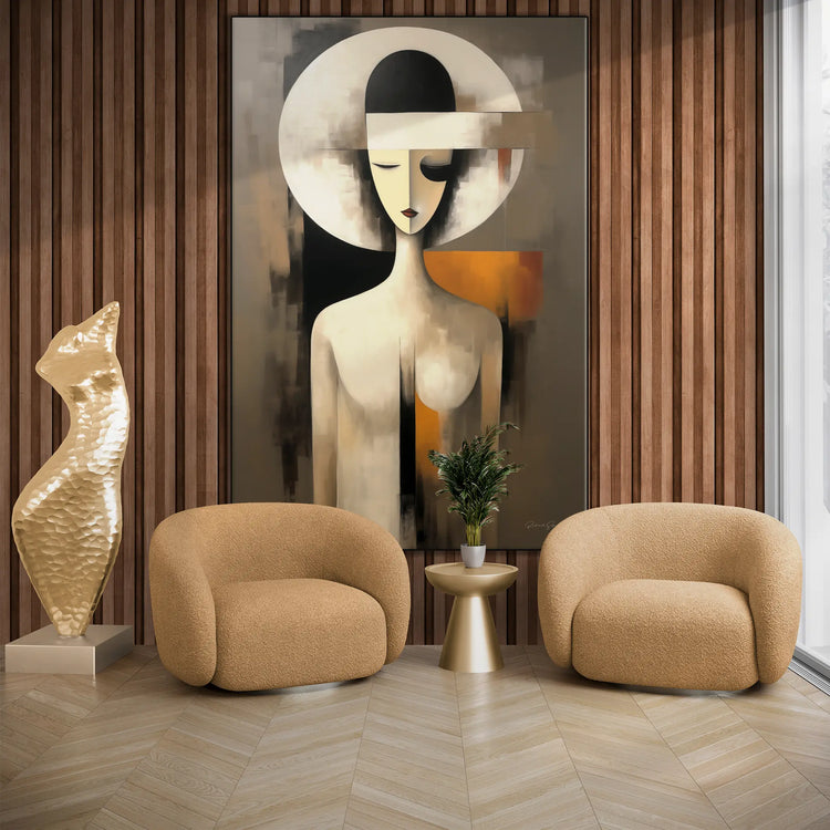 Abstract Collection | A Clockwork Orange | Modern Portrait Abstraction and Ode to Film by Roderick Sebastiaan | BeautifulAbstractedPaintinginLivingRoomWithArmchairsAndSculpture_217bc73e-bff6-4e1c-b555-646f526596e6
