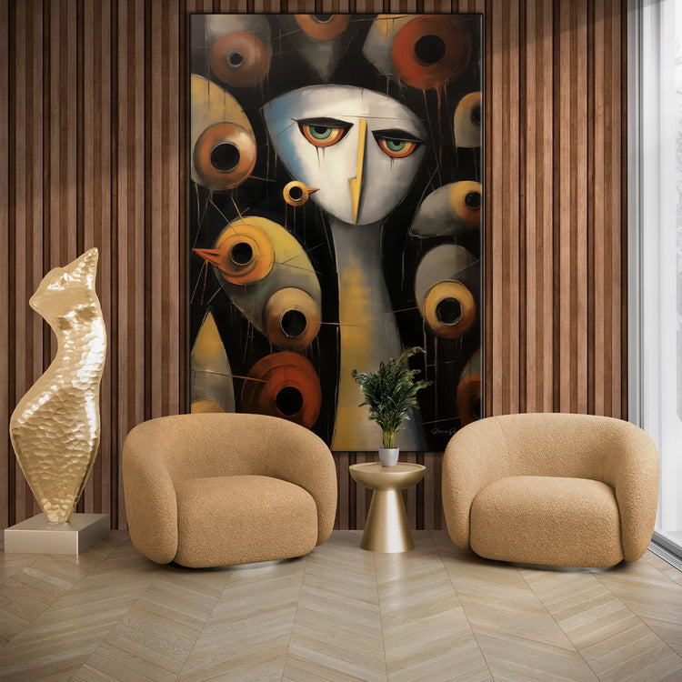 Abstract Collection | Enigmatic Watcher | Intriguing & Abstract Visual Story on Art Frame by Roderick Sebastiaan | BeautifulAbstractedPaintinginLivingRoomWithArmchairsAndSculpture_fa0a248e-cb83-44a7-8174-934f3361f13e