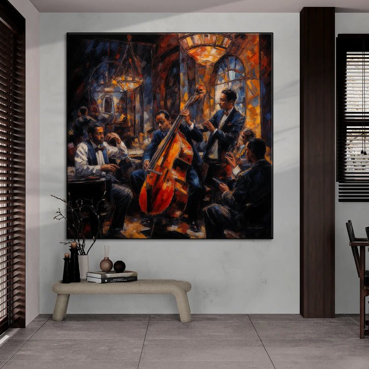 Jazzkvartett | Expressiv abstraktion av livlig jazzscen på konsttyg