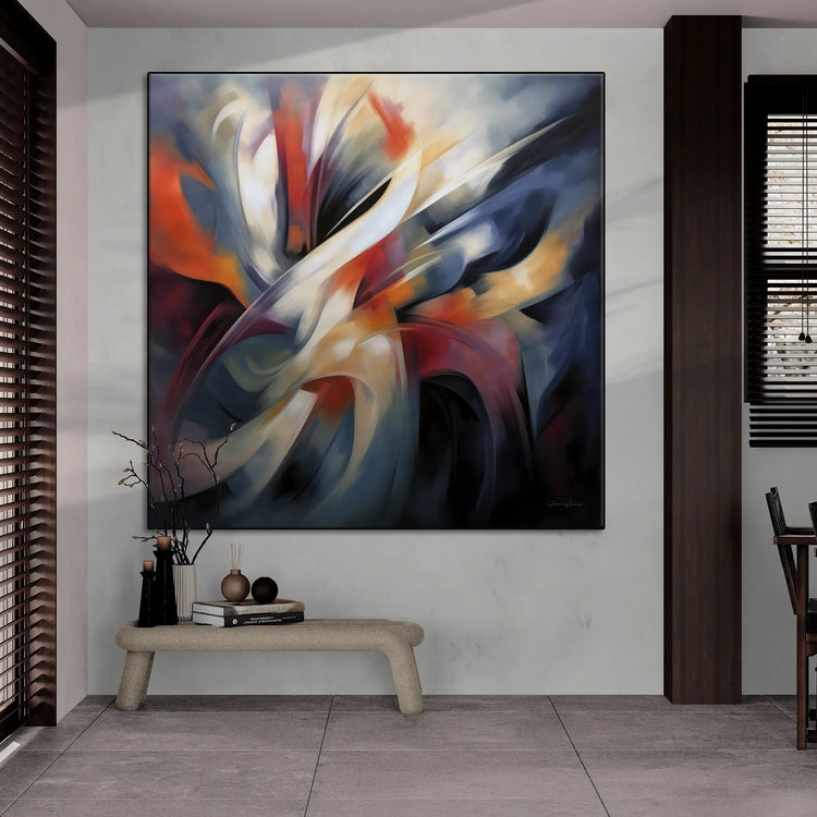 Abstract Collection | Colours of Passion | Passionate Warm Abstraction on Art cloth by Roderick Sebastiaan | BeautifulAbstractedPaintinginOpenPlanRoomWithWoodAccents_f2c23b2e-80d8-46a6-8d16-eb8fe590dfc3
