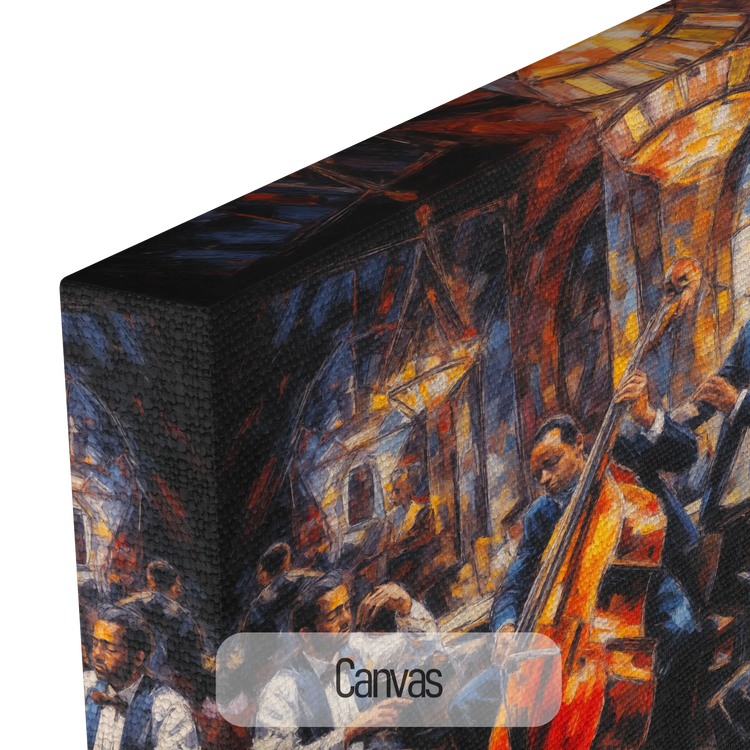 Jazzkvartett | Expressiv abstraktion av livlig jazzscen på konsttyg