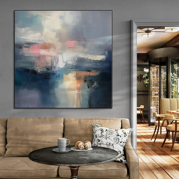 Abstract Collection | Clouded Reflections | Serene Abstract Art Print in Soothing Blues and Pinks by Roderick Sebastiaan | CloudedReflectionscafe-with-sofa-and-table