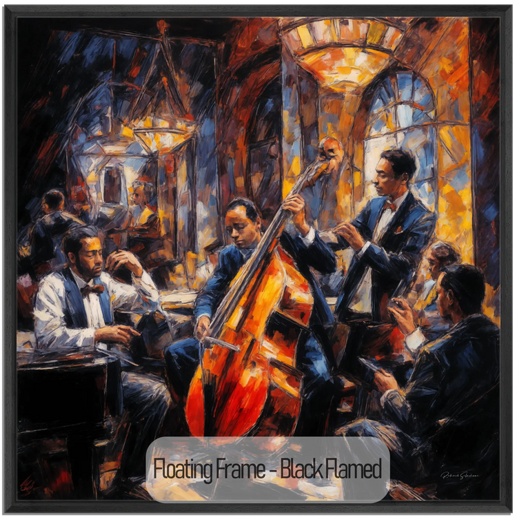 Jazzkvartett | Expressiv abstraktion av livlig jazzscen på konsttyg