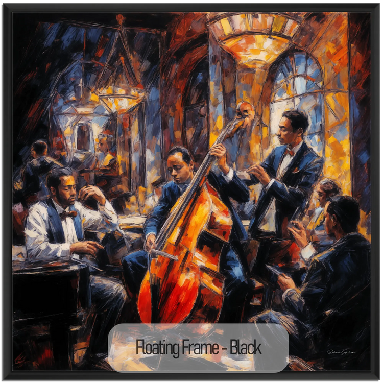 Jazzkvartett | Expressiv abstraktion av livlig jazzscen på konsttyg