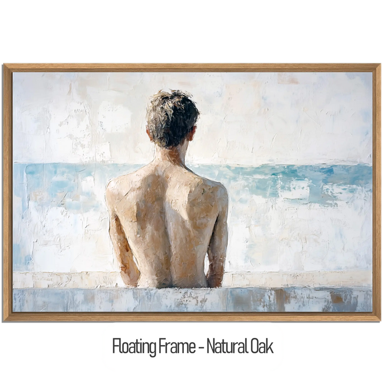 Male Collection | Back to the Sea – Minimalist Figurative Ocean-Inspired Canvas Art by Roderick Sebastiaan | WoodenFloaterFrame-NaturalOak_40c6d7b5-3701-4f7b-b014-f143bdaca87b