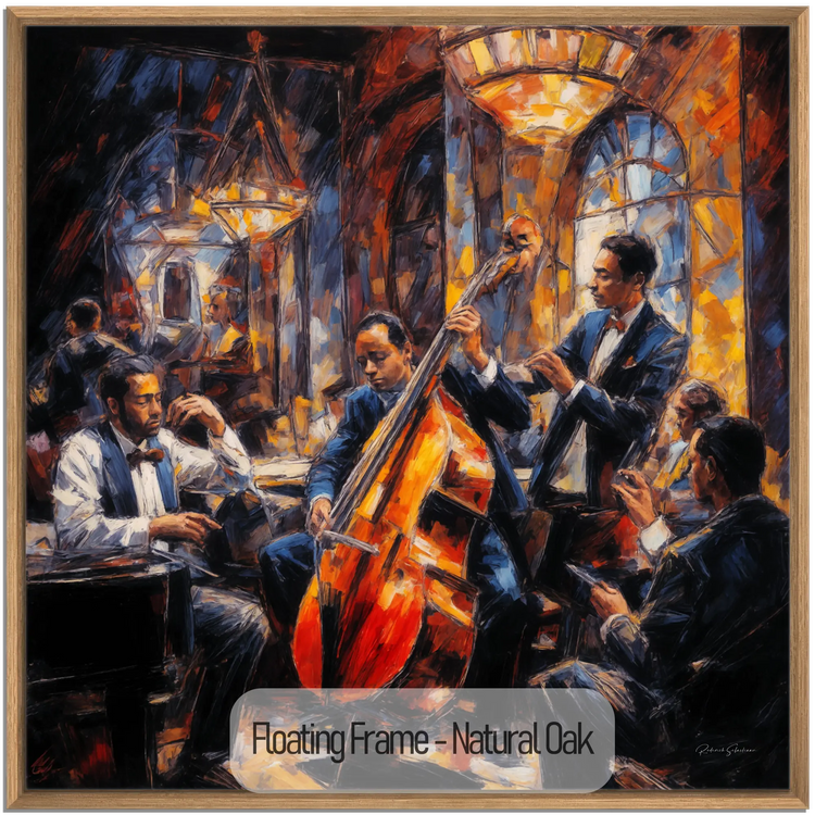 Jazzkvartett | Expressiv abstraktion av livlig jazzscen på konsttyg