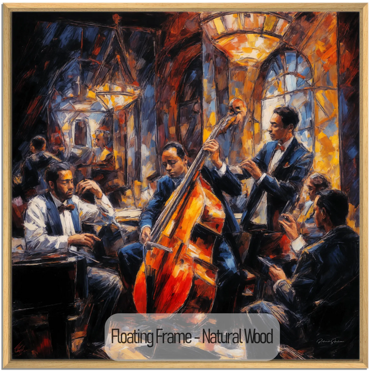 Jazzkvartett | Expressiv abstraktion av livlig jazzscen på konsttyg