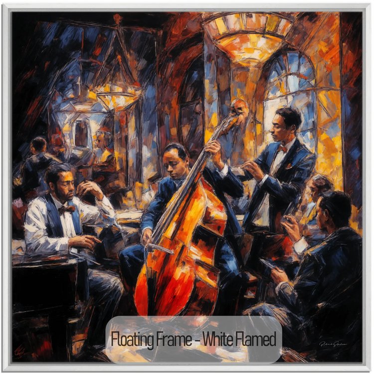 Jazzkvartett | Expressiv abstraktion av livlig jazzscen på konsttyg