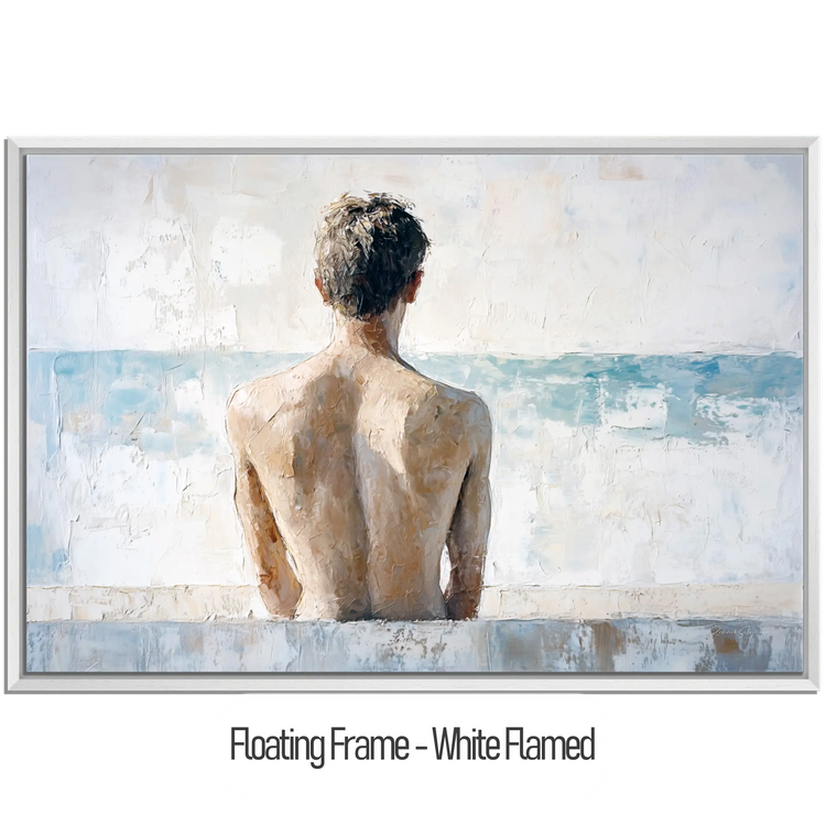 Male Collection | Back to the Sea – Minimalist Figurative Ocean-Inspired Canvas Art by Roderick Sebastiaan | WoodenFloaterFrame-White-Flamed_df19c1a5-0e77-4fd9-978c-54a536a6fb21