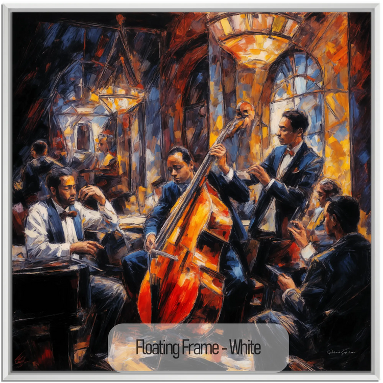 Jazzkvartett | Expressiv abstraktion av livlig jazzscen på konsttyg