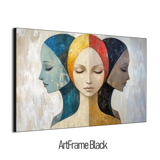 Feminine Collection | Silent Reflections | Symbolic Abstract Trio with Earthy and Vibrant Hues by Roderick Sebastiaan | ArtFrameBlackFrame_89ee6471-a49b-42dc-a614-256059176d93