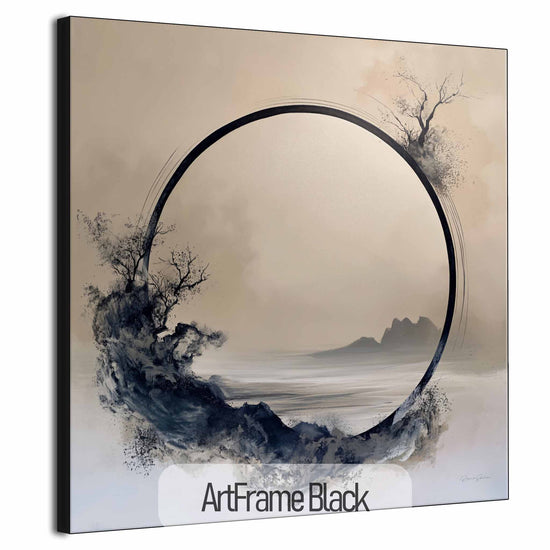 Minimalism Collection | Monochrome Oasis | Tranquil Minimalist Zen Circle in Grayscale Art Print by Roderick Sebastiaan | ArtFrameBlack_1679ae84-7664-4553-b1c3-b8a3acc4823d