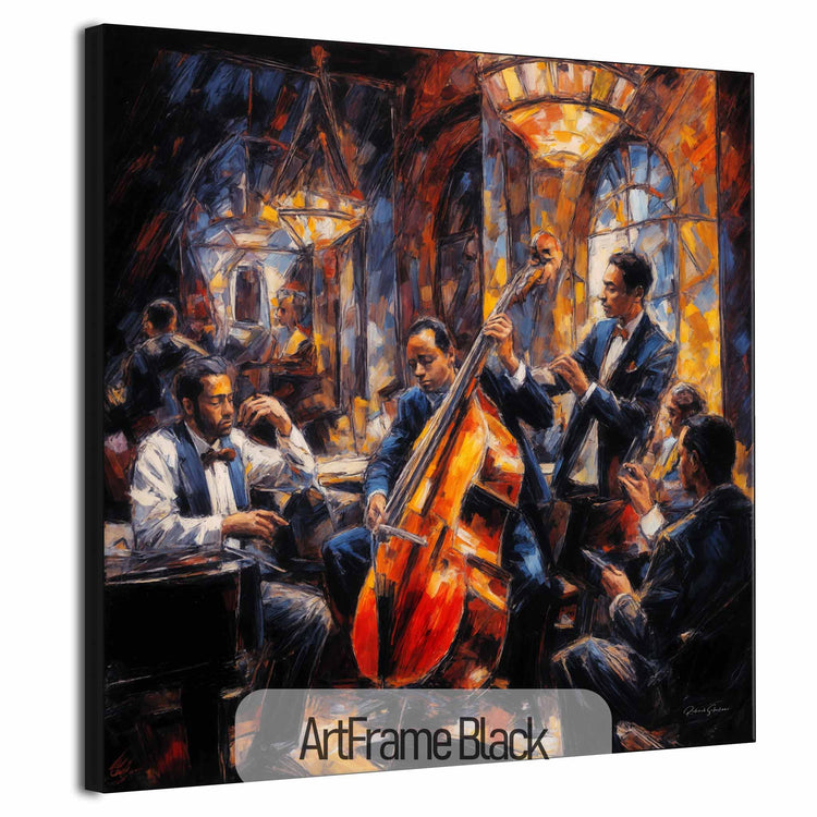 Music Collection | Jazz Quartet | Expressive Abstraction of Lively Jazz Scene on Art Cloth by Roderick Sebastiaan | ArtFrameBlack_7676839c-131d-434c-9128-ecc358f99277