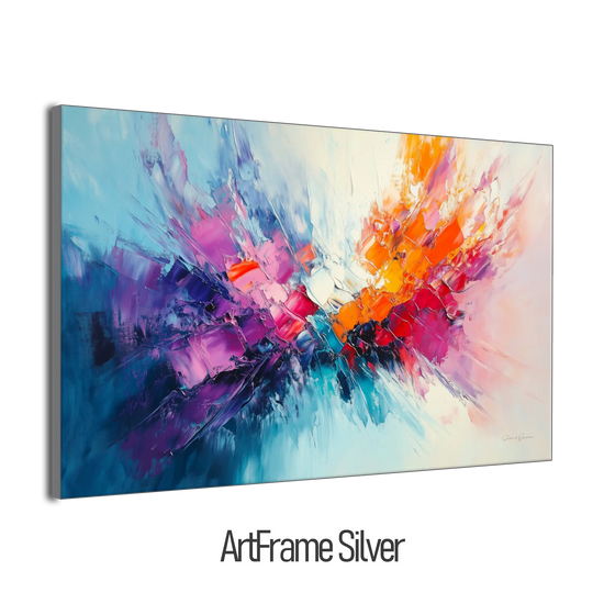 Abstract Collection | Fires of Renewal | Dynamic Abstract Burst in Vivid Hues of Orange and Purple by Roderick Sebastiaan | ArtFrameSilverFrame_70de2704-3000-49aa-ae5e-137fa37f8037