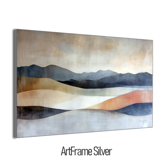 Abstract Collection | Shifting Sands | Serene Landscape in Muted Earth Tones and Blue Hues by Roderick Sebastiaan | ArtFrameSilverFrame_85bacf7a-5fa2-4e31-8a22-5bd1ac39606b