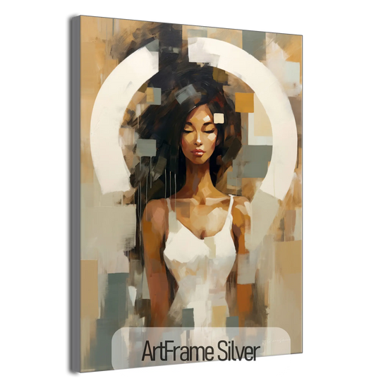 Feminine Collection | Fragmented Serenity | Abstract Realistic Female Portrait on Art Cloth by Roderick Sebastiaan | ArtFrameSilverFrame_d039f2fb-ff5a-4f7b-ab62-5bf7a65a37ed