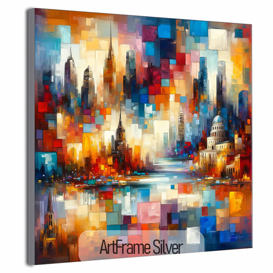 Geography Collection | Journey Around the World | Colourful Urban Mosaic on Art Cloth and Frame by Roderick Sebastiaan | ArtFrameSilver_f12e092d-263d-4765-b92e-9b94c9be8366