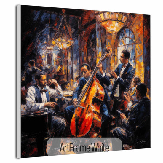 Music Collection | Jazz Quartet | Expressive Abstraction of Lively Jazz Scene on Art Cloth by Roderick Sebastiaan | ArtFrameWhite_10b1e5d7-95c5-463e-9e62-2cff93c0c725