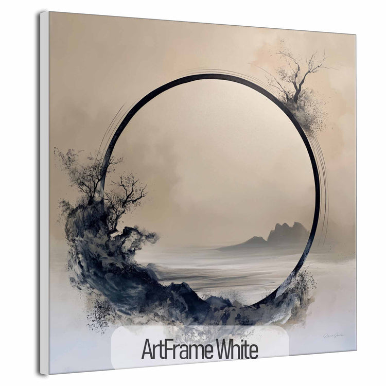 Minimalism Collection | Monochrome Oasis | Tranquil Minimalist Zen Circle in Grayscale Art Print by Roderick Sebastiaan | ArtFrameWhite_dde59367-2d04-4802-bdea-e4a02079e453