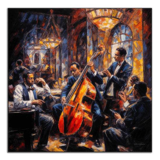 Music Collection | Jazz Quartet | Expressive Abstraction of Lively Jazz Scene on Art Cloth by Roderick Sebastiaan | ArtFrame_8e0ed233-9ad0-4eee-a559-6430ec205ea8