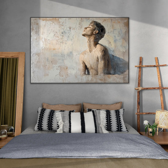 Male Collection | Subtle Liberation | Minimalist Textured Look Portrait of Introspection by Roderick Sebastiaan | BeautifulAbstractedPaintinginBohoStyleBedroom