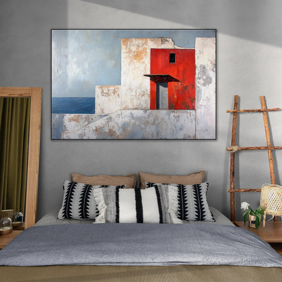 Minimalism Collection | The Red Wall | Mediterranean-Inspired Minimalist Architecture Art by Roderick Sebastiaan | BeautifulAbstractedPaintinginBohoStyleBedroom_a4e09cec-be9e-45aa-b019-72756fa90a98