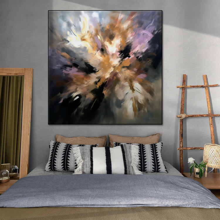 Botanical Collection | Frenesia Floreale | Enchanting Abstraction of Flowers on Art Cloth by Roderick Sebastiaan | BeautifulAbstractedPaintinginBohoStyleBedroom_cea58675-03fe-4a9d-91b5-6e78a8f751de