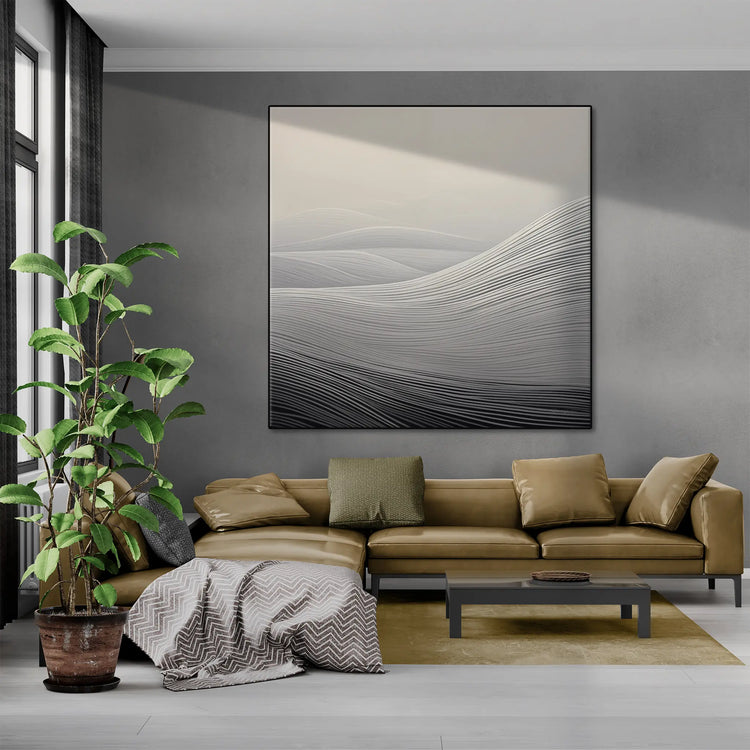 Minimalism Collection | Fading Echoes | Elegant Minimalist Dune Landscape Art for Modern Spaces by Roderick Sebastiaan | BeautifulAbstractedPaintinginBrightLivingRoomWithHighCeiling_484e2585-54f7-4e3f-8224-fa16848d6030