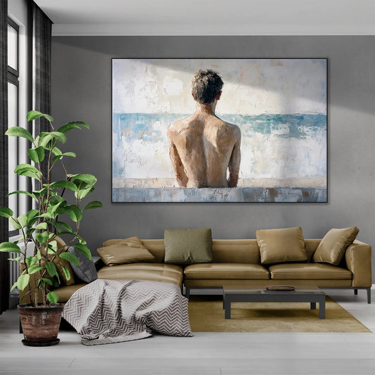 Male Collection | Back to the Sea – Minimalist Figurative Ocean-Inspired Canvas Art by Roderick Sebastiaan | BeautifulAbstractedPaintinginBrightLivingRoomWithHighCeiling