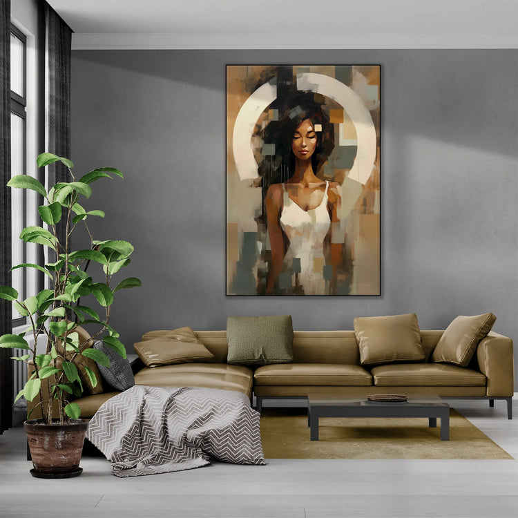 Feminine Collection | Fragmented Serenity | Abstract Realistic Female Portrait on Art Cloth by Roderick Sebastiaan | BeautifulAbstractedPaintinginBrightLivingRoomWithHighCeiling_eda73d86-c730-4d99-8044-f7849495eae3