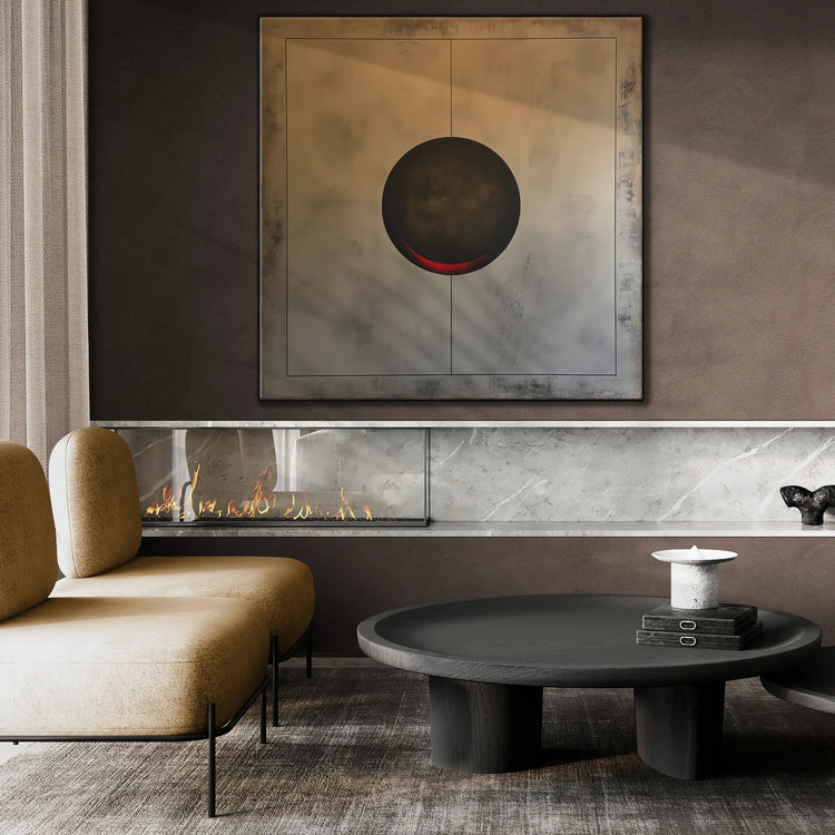 Minimalism Collection | Eclipse of Solitude | Minimalist Sphere in Monochrome Shades by Roderick Sebastiaan | BeautifulAbstractedPaintinginBrightModernLivingRoomWithGasFireplace_31d1b8c6-0b1e-48ec-88fc-2b3eef3d53d2