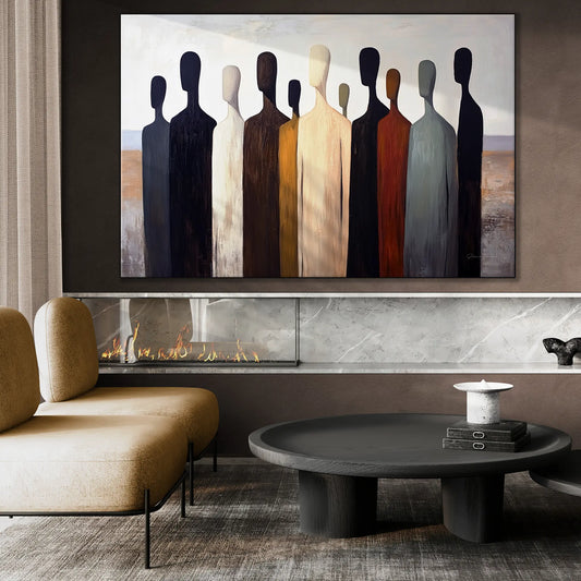 Male Collection | Gathering Shadows | Minimalist Silhouette Figures in Neutral Tones by Roderick Sebastiaan | BeautifulAbstractedPaintinginBrightModernLivingRoomWithGasFireplace