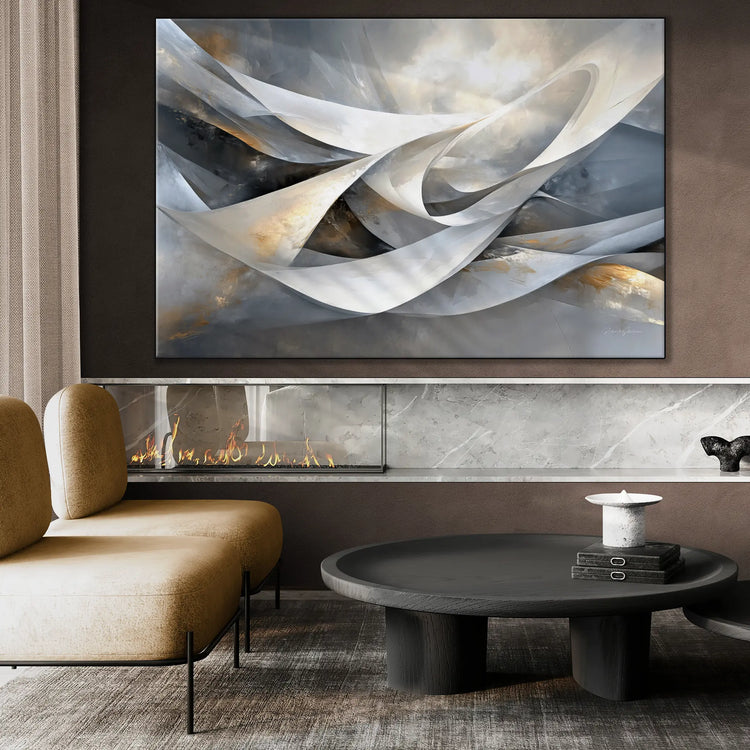 Abstract Collection | Shimmering Tide | Abstract Minimalist Flow with Metallic Accents by Roderick Sebastiaan | BeautifulAbstractedPaintinginBrightModernLivingRoomWithGasFireplace_6454348d-59f9-44aa-84f9-d8e4aa9205ed