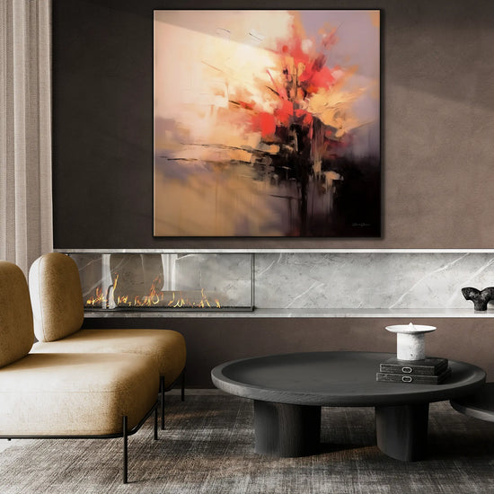 Abstract Collection | Fiery Genesis | Warmth and Motion in Abstract Canvas Art by Roderick Sebastiaan | BeautifulAbstractedPaintinginBrightModernLivingRoomWithGasFireplace_a314fbdd-85c7-4ed6-a7fe-06ea22a741c9