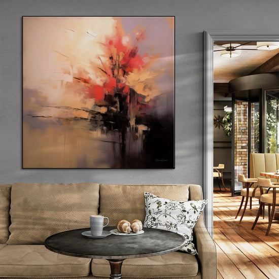 Abstract Collection | Fiery Genesis | Warmth and Motion in Abstract Canvas Art by Roderick Sebastiaan | BeautifulAbstractedPaintinginCafeWithSofaAndTable_2365f8ba-dfea-4501-bffe-bc63f29bfa15