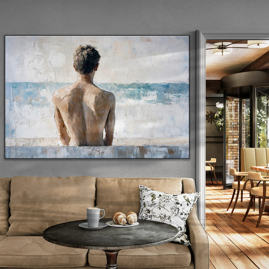 Male Collection | Back to the Sea – Minimalist Figurative Ocean-Inspired Canvas Art by Roderick Sebastiaan | BeautifulAbstractedPaintinginCafeWithSofaAndTable