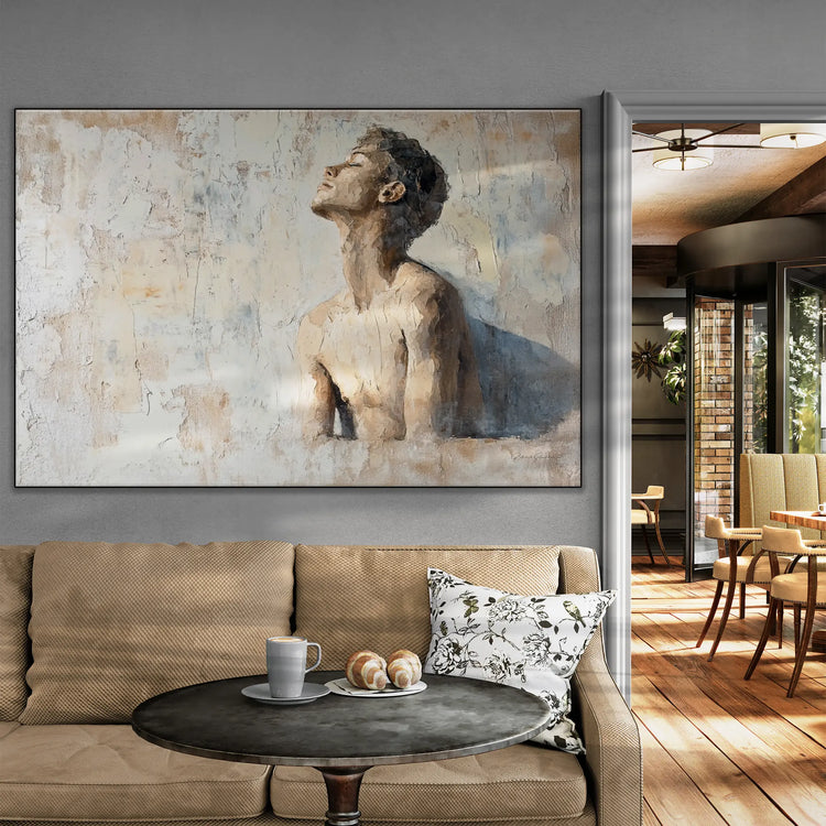 Male Collection | Subtle Liberation | Minimalist Textured Look Portrait of Introspection by Roderick Sebastiaan | BeautifulAbstractedPaintinginCafeWithSofaAndTable_c6ece668-8ed5-4961-951b-e1c89b1fff6e