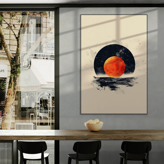 Minimalism Collection | Blood Moon Tide | Mystical Red Moon Seascape Art Print by Roderick Sebastiaan | BeautifulAbstractedPaintinginCityCafeWithWindowViews_06b3ffff-31a9-4fb7-8df5-c6c9bf64a8a6