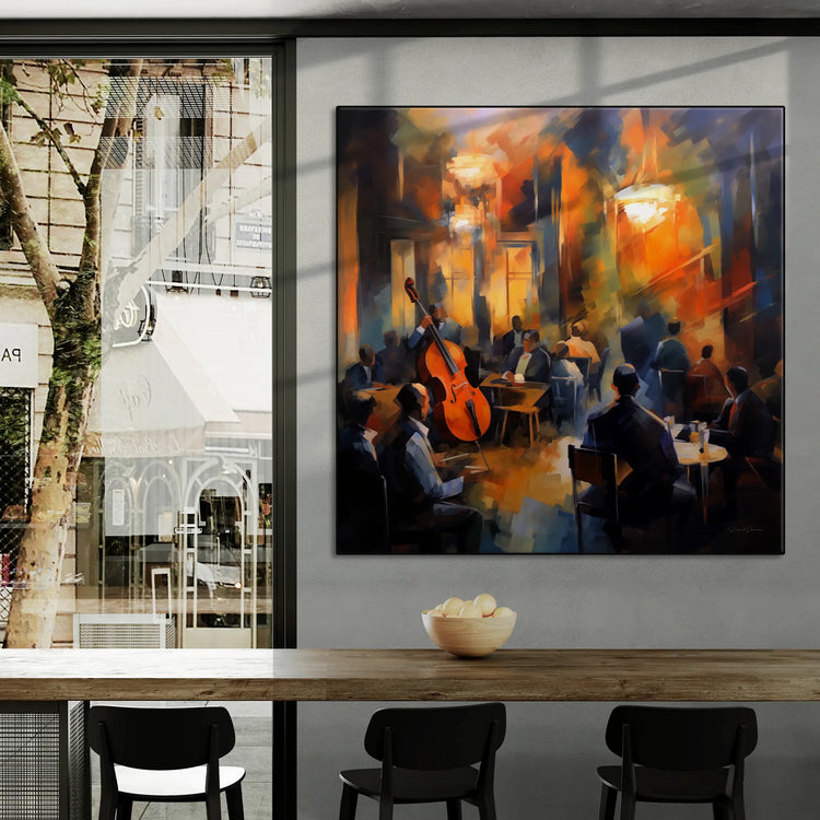 Music Collection | Echoes of Bourbon Street | Vibrant New Orleans Jazz Club Art Print by Roderick Sebastiaan | BeautifulAbstractedPaintinginCityCafeWithWindowViews_6d5b4379-8463-42b7-ae24-79be69aced3a