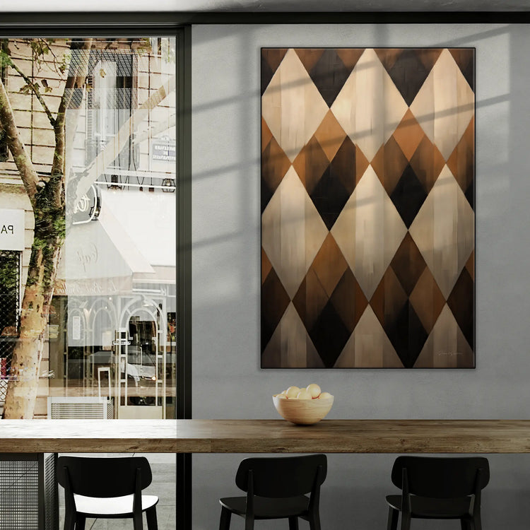 Geometry Collection | Espresso Diamond | Harmonic Pattern of Restful Earthen Tones by Roderick Sebastiaan | BeautifulAbstractedPaintinginCityCafeWithWindowViews_bd8a2c4f-fec0-4d84-b73f-619cf0ae45be