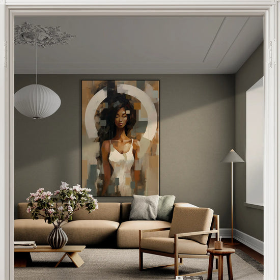 Feminine Collection | Fragmented Serenity | Abstract Realistic Female Portrait on Art Cloth by Roderick Sebastiaan | BeautifulAbstractedPaintinginClassicLivingRoomWithALargeSofa_49adf9d7-c9f8-474d-bcda-15cadf94fd1e