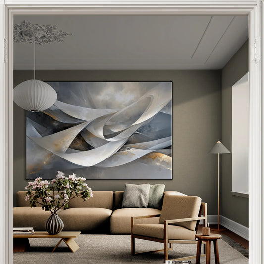 Abstract Collection | Shimmering Tide | Abstract Minimalist Flow with Metallic Accents by Roderick Sebastiaan | BeautifulAbstractedPaintinginClassicLivingRoomWithALargeSofa_58b9da6e-901d-4e9b-be61-4b14c535e2fa